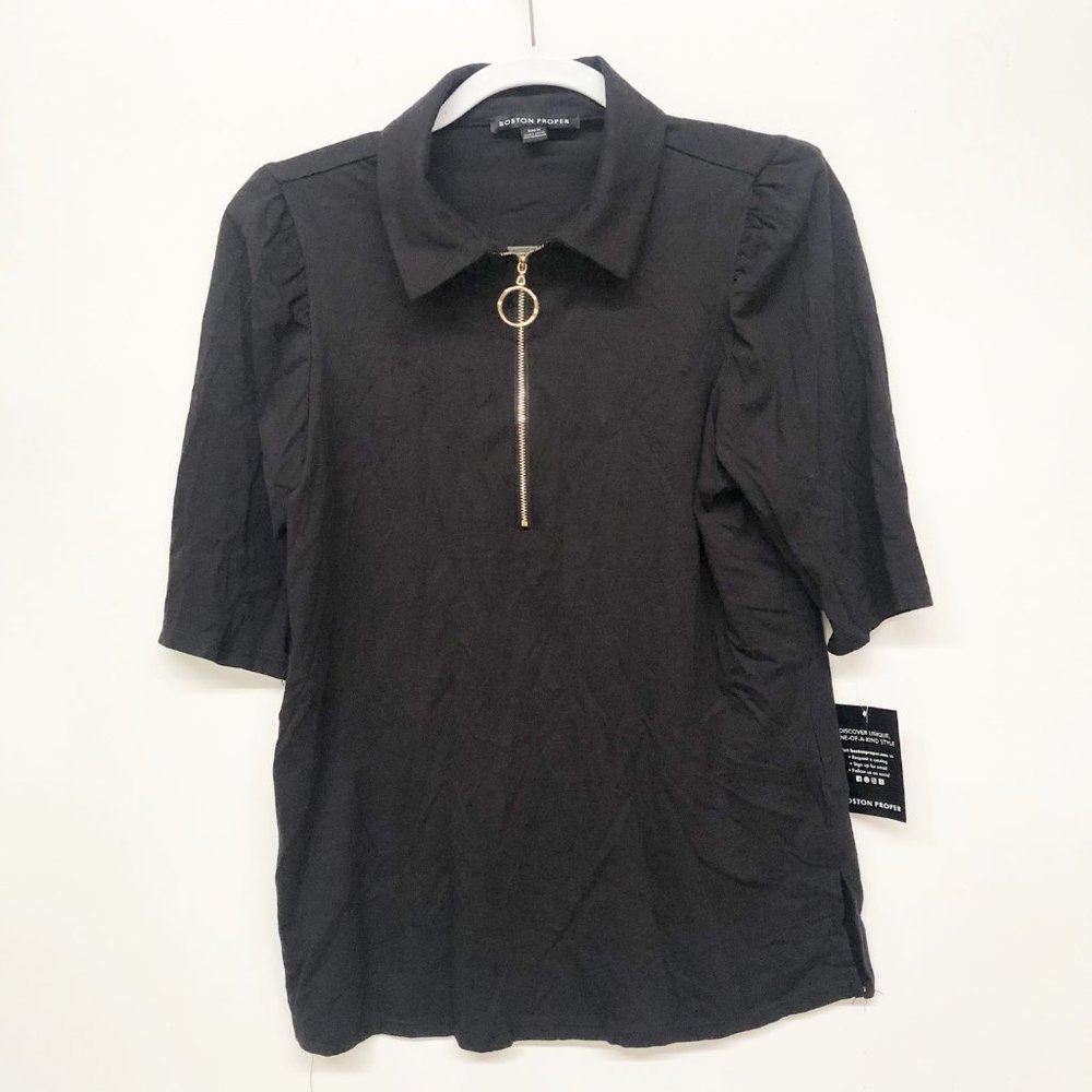 Boston Proper Black Half Zip Puff Sleeve Blouse M
